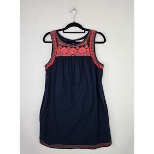 C&C California Sleeveless Dress Large Navy Embroidered Boho Cotton Lined Pockets